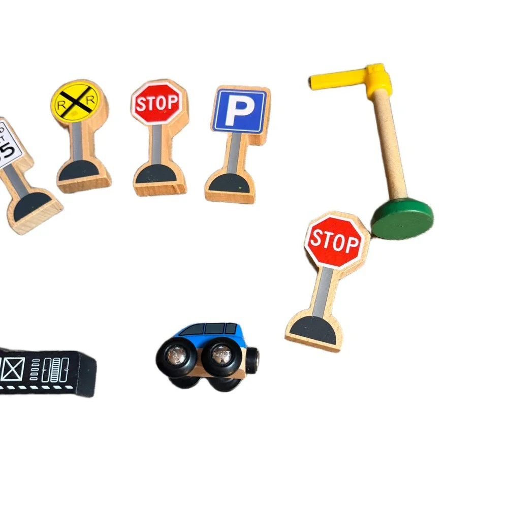 Wooden Road Signs and Vehicle Play Set 9 Piece Montessori Toy Train Accessories